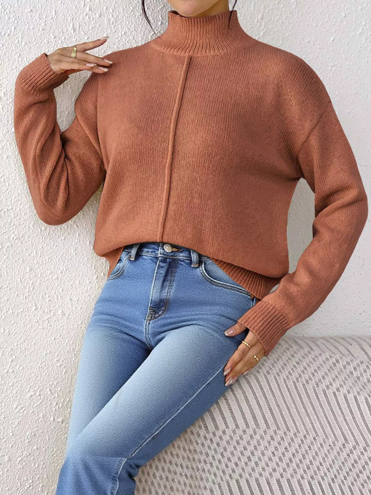 Center Seam Detail Turtleneck Sweater for Women
