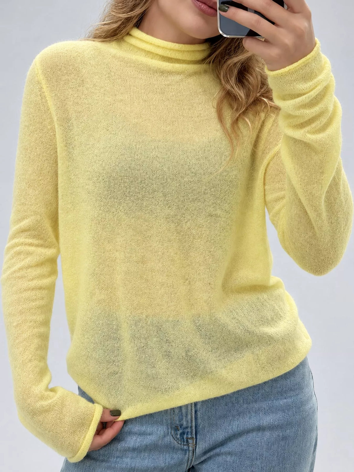 Women’s Sheer Turtleneck Knit Top – Lightweight Long Sleeve