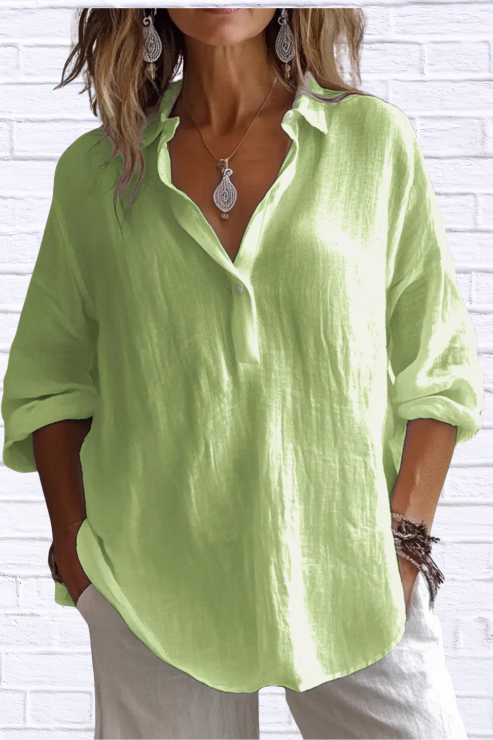 Collared Neck Long Sleeve Shirt Green