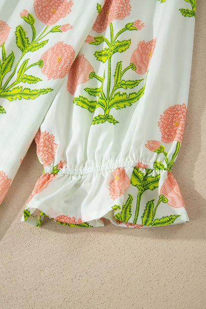 Pink Plus Size Floral Print Striped Trim V Neck Blouse