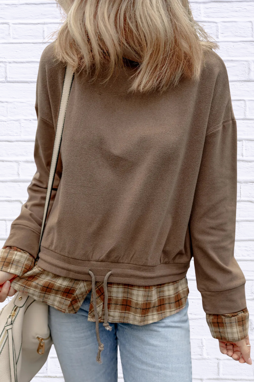 Drawstring Plaid Turtleneck Long Sleeve Top Mocha