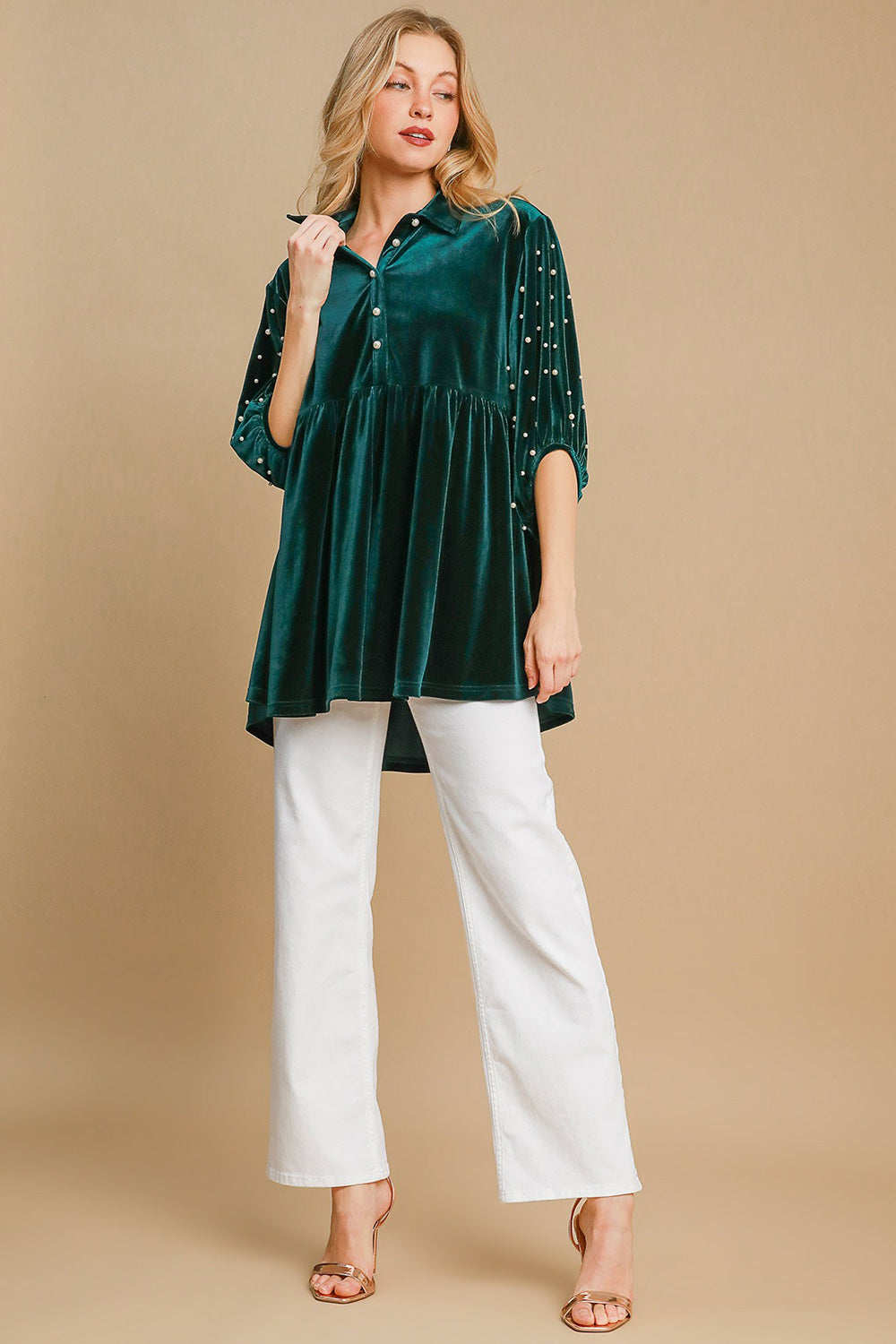 | Umgee Pearl Detail Half Sleeve Velvet Babydoll Blouse