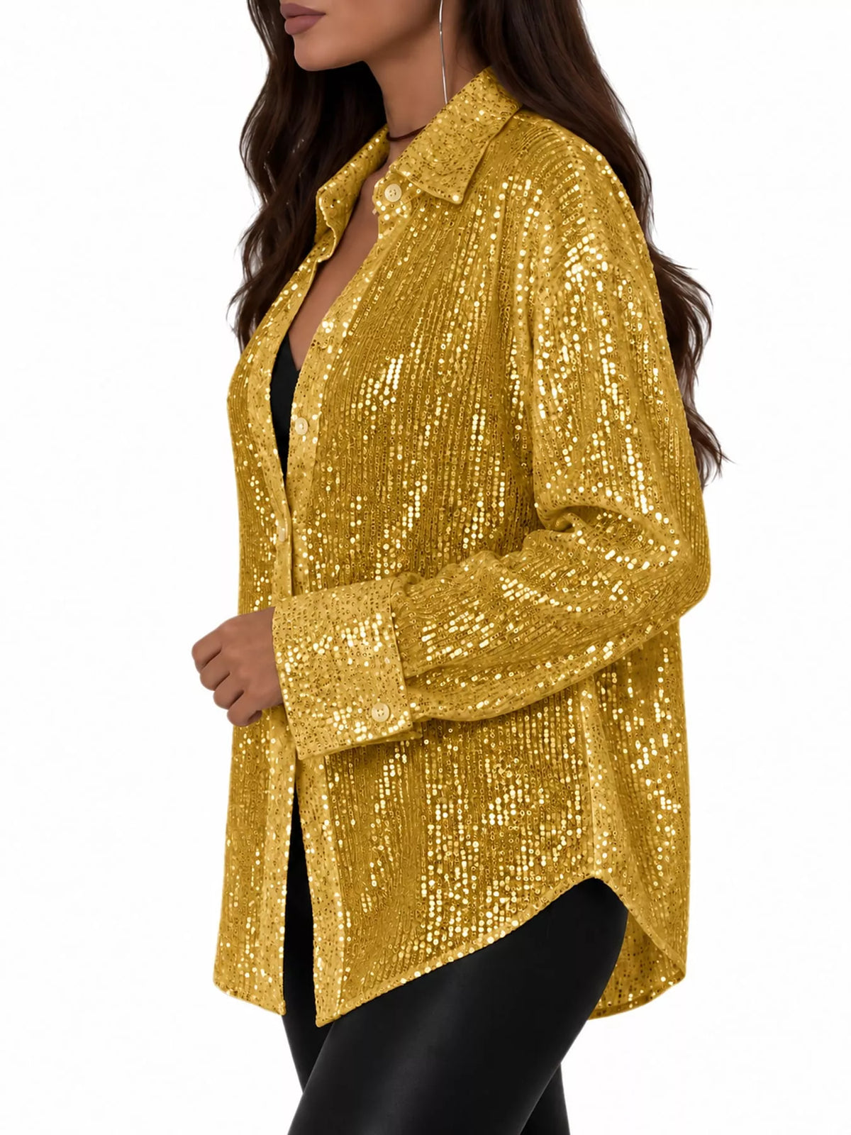 Full Size Sequin Button Up Long Sleeve Shirt Plus Size