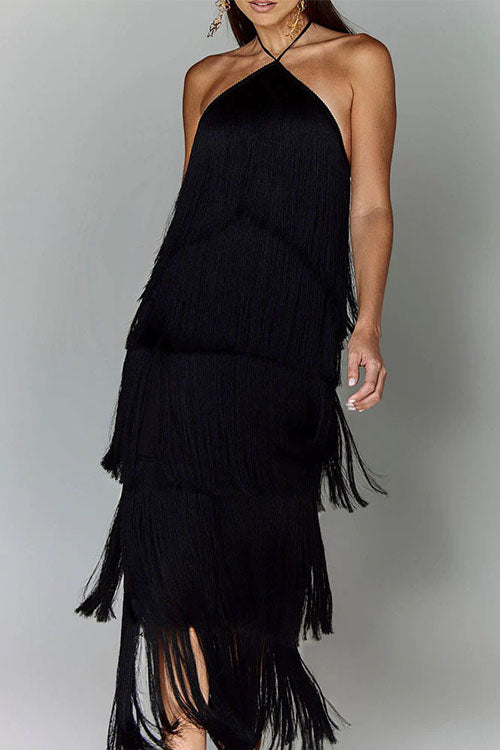 Chicest Halter Ruffle Layered Fringe Maxi Party Dress Black