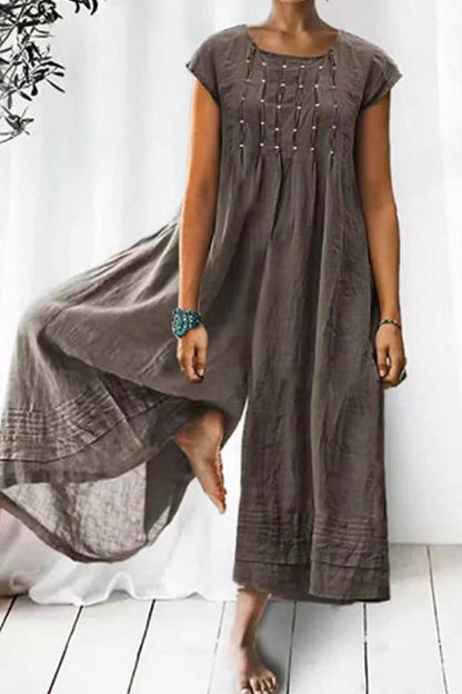 Ruched Short Sleeve Wide Leg Baggy Jumpsuit Brown