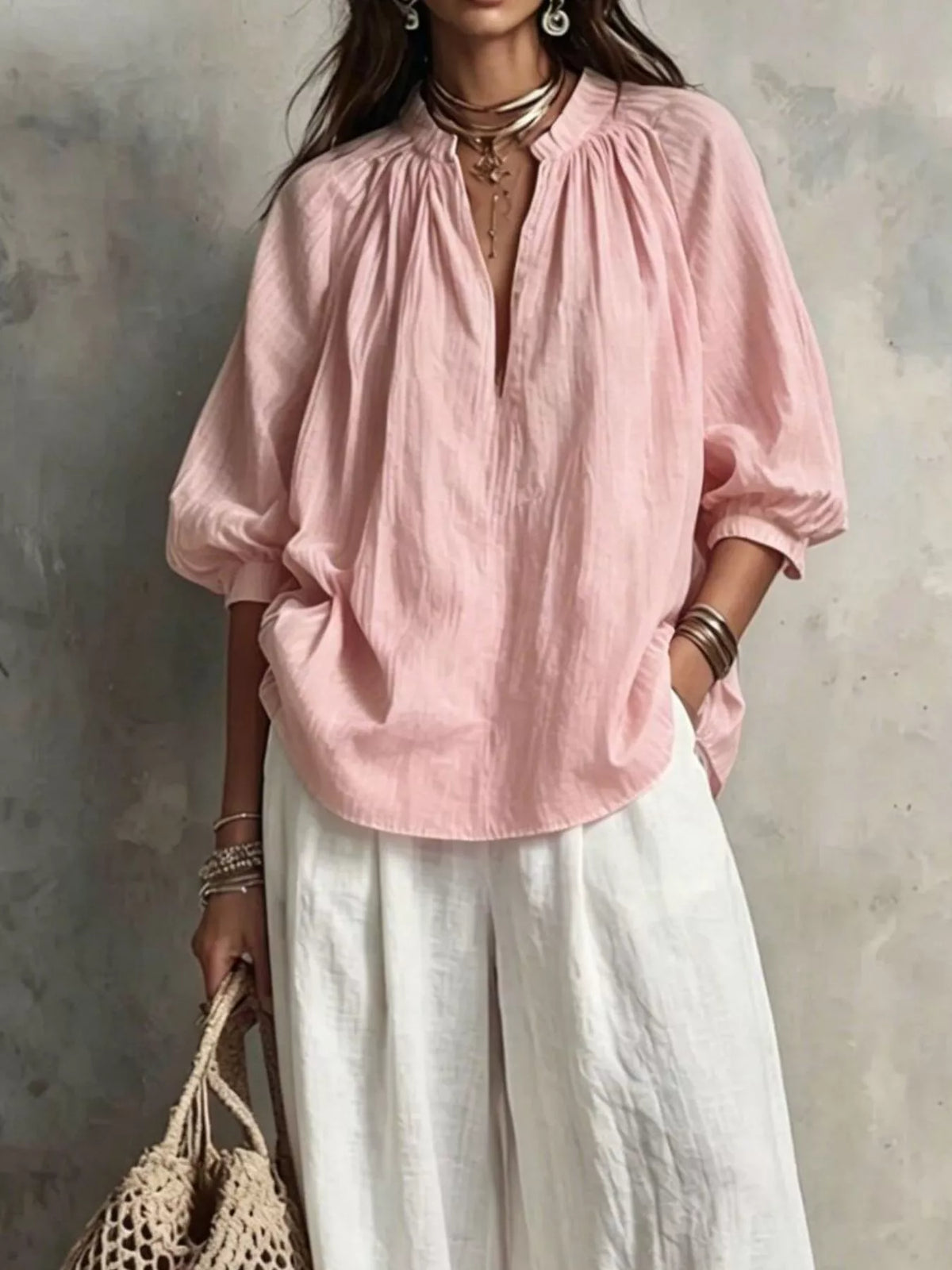 Notched Blouse and Wide-Leg Pants Set