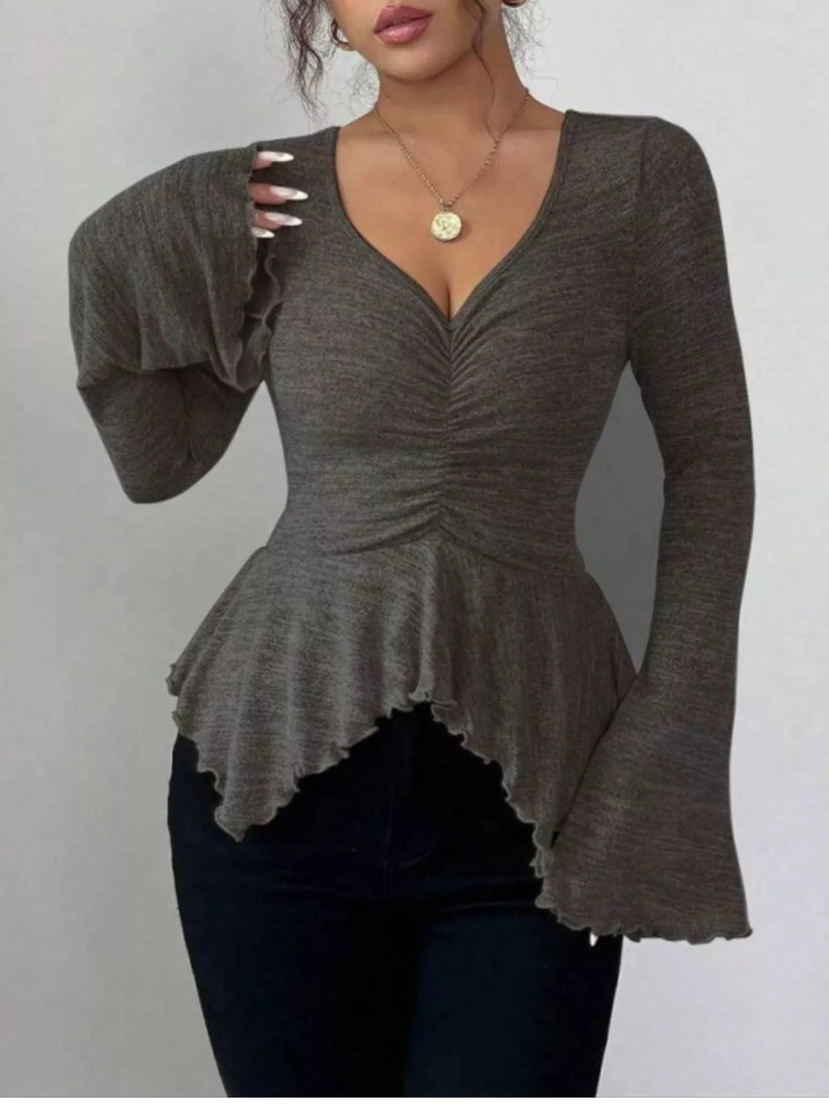Ruched Flared Sleeves Peplum T-Shirt