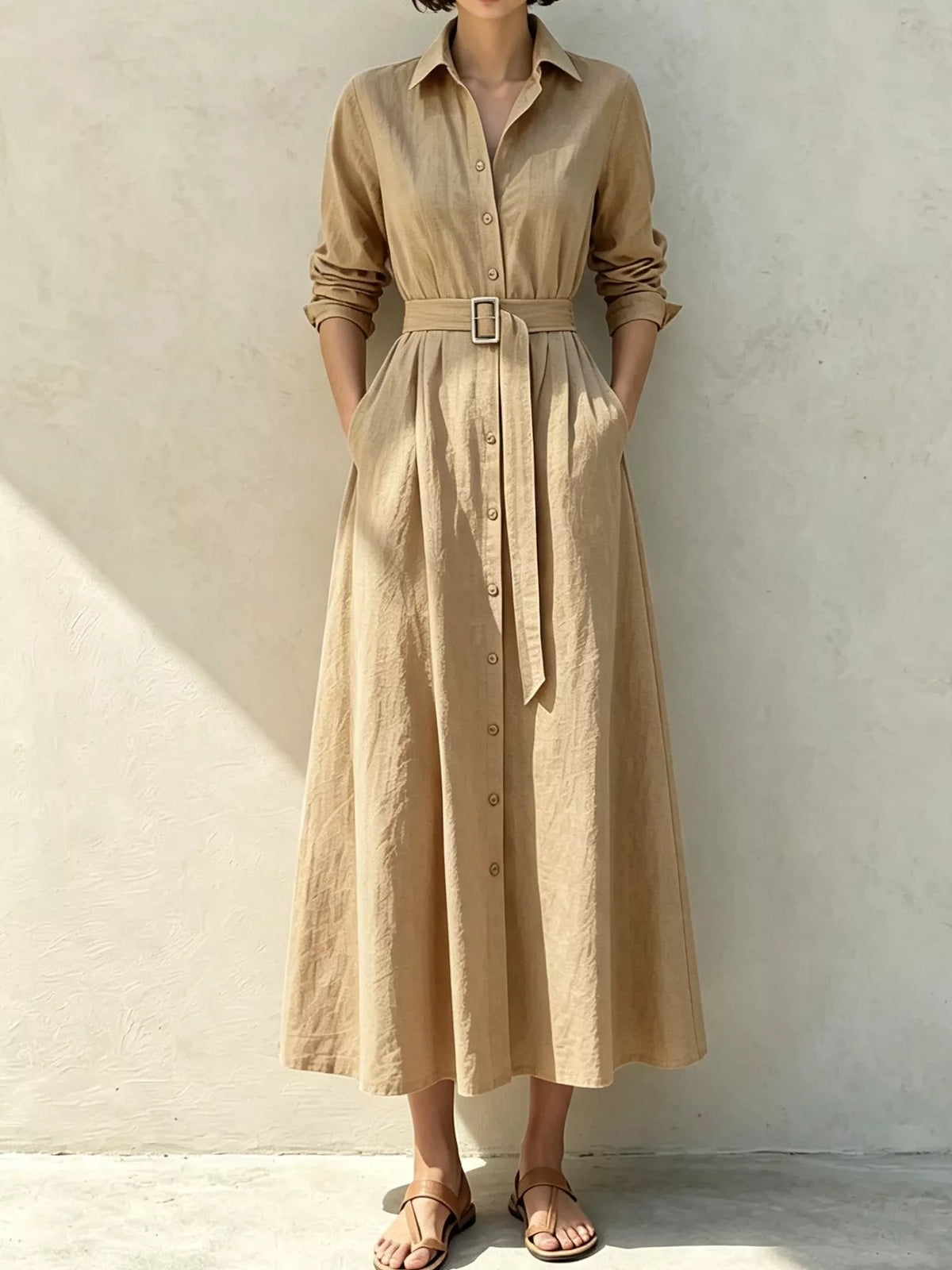 Button-Down Midi Shirt Dress with Pockets
