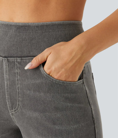 High Waisted Multiple Pockets Baggy Wide Leg Washed Stretchy Knit Casual Jeans