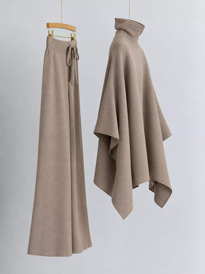 Turtleneck Poncho Pants Set with Wide-Leg Knit Pants