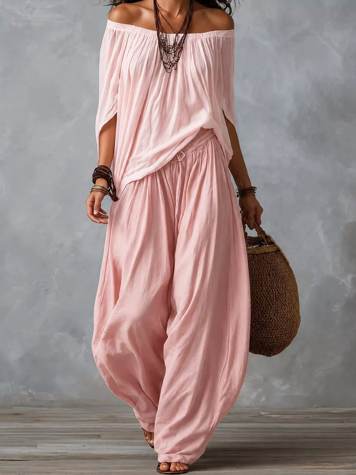 Full Size Off-Shoulder Top and Wide-Leg Harem Pants Set Plus Size