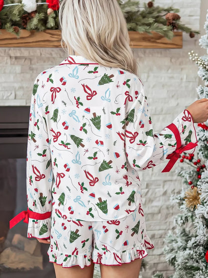 Christmas Print Ruffle Cuff Long Sleeve Lounge Set