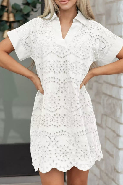 Solid Color Eyelet Embroidered T Shirt Mini Dress
