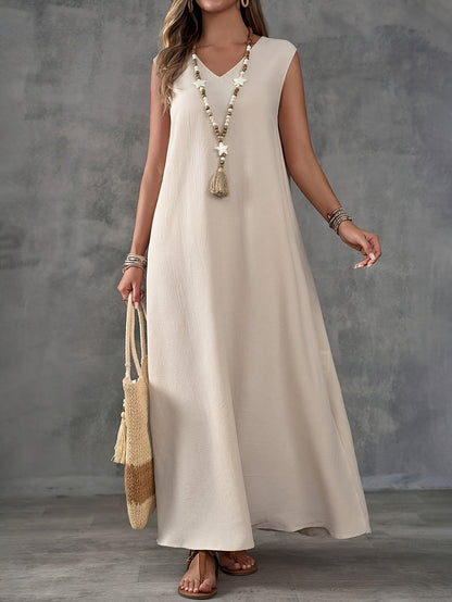 Women's V-Neck Sleeveless Solid Color Casual Loose Elegant Dress Beige S