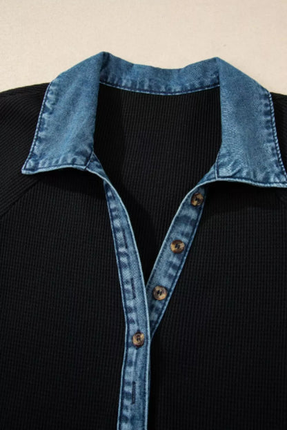 Casual Denim Trim Button-Down Mini Dress