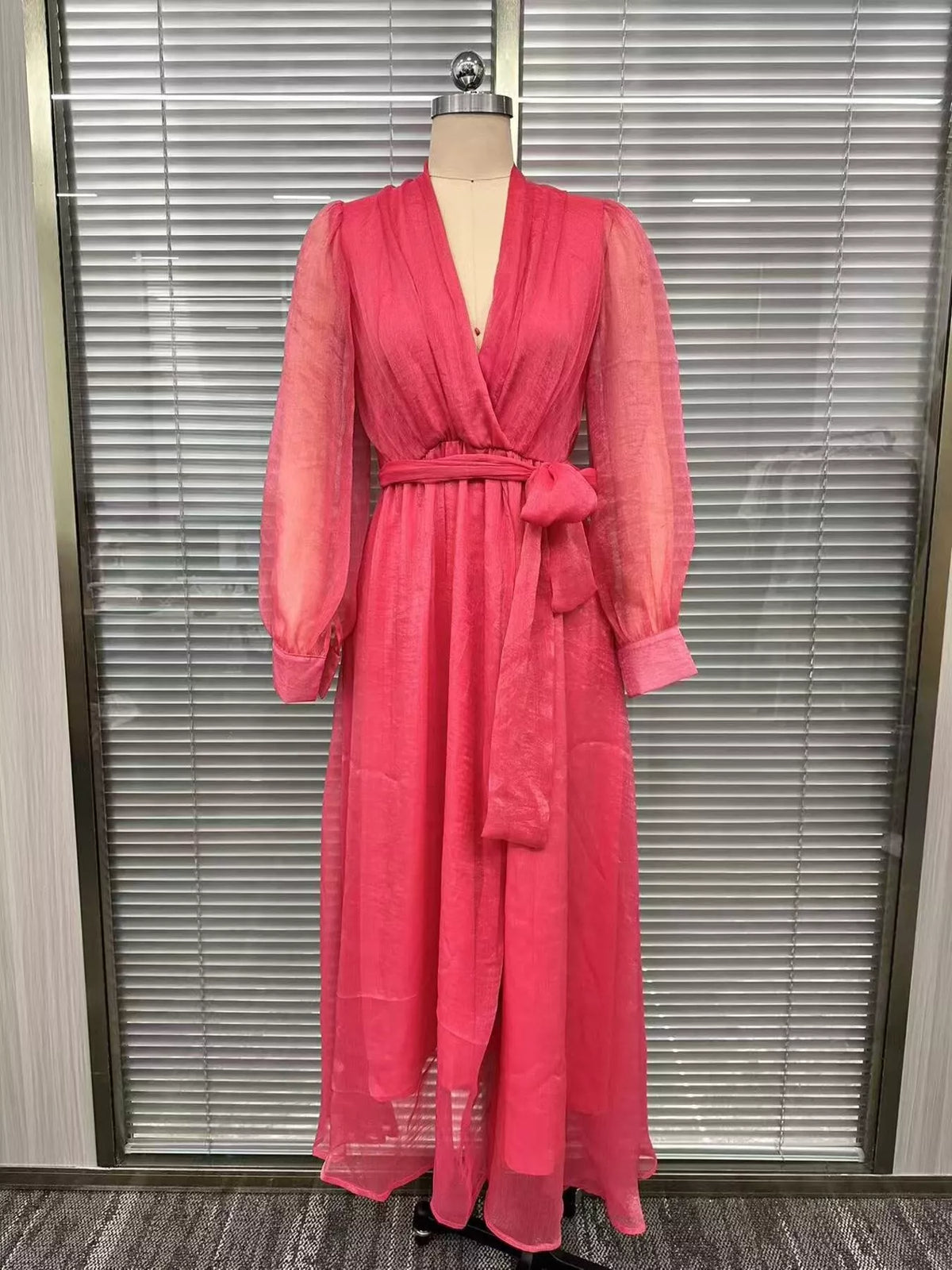 Long Sleeve Chiffon Wrap Maxi Dress with High Slit