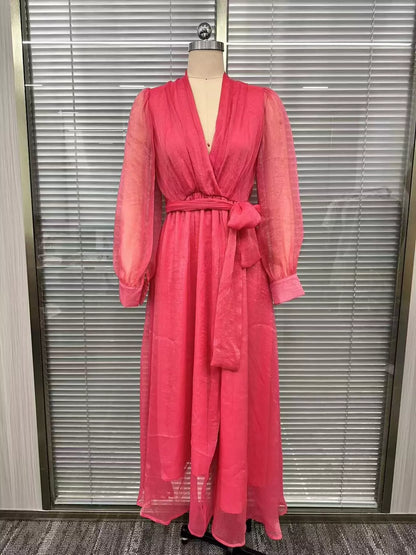 Long Sleeve Chiffon Wrap Maxi Dress with High Slit