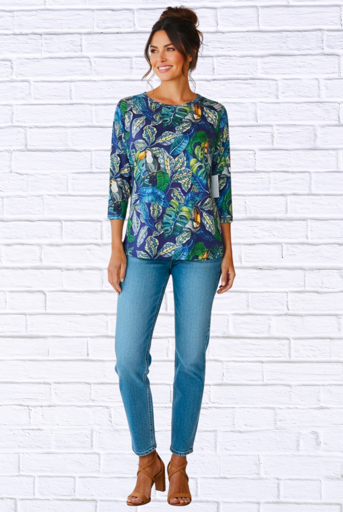 Tropical Toucan Print Long Sleeve Top – Soft Knit Round Neck Casual Statement Blouse