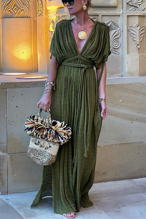 Deep V Neck Tie Waist Side Slit Maxi Vacation Dress Green OneSize