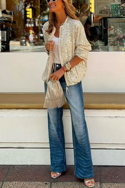 Crewneck Zipper Up Sequin Jacket