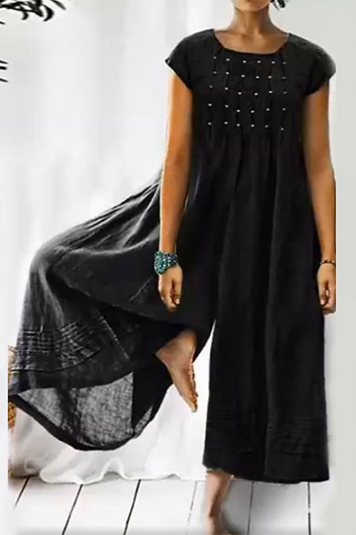 Ruched Short Sleeve Wide Leg Baggy Jumpsuit Black