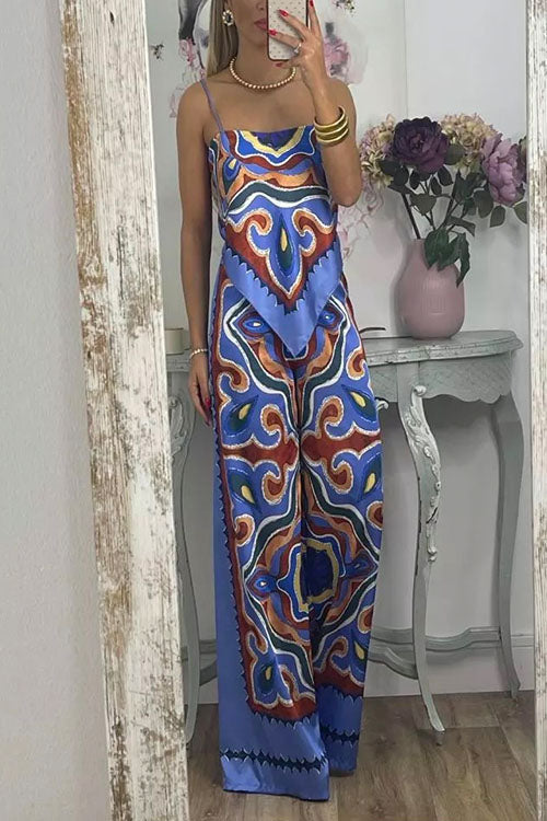 Tie Back Irregular Cami Top Wide leg Pants Printed Set