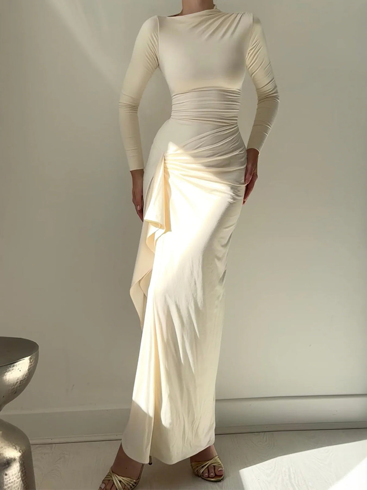 Ruched Long Sleeve Maxi Dress Apricot