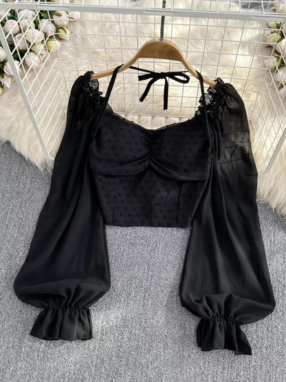 Swiss Dot Flounce Sleeve Blouse