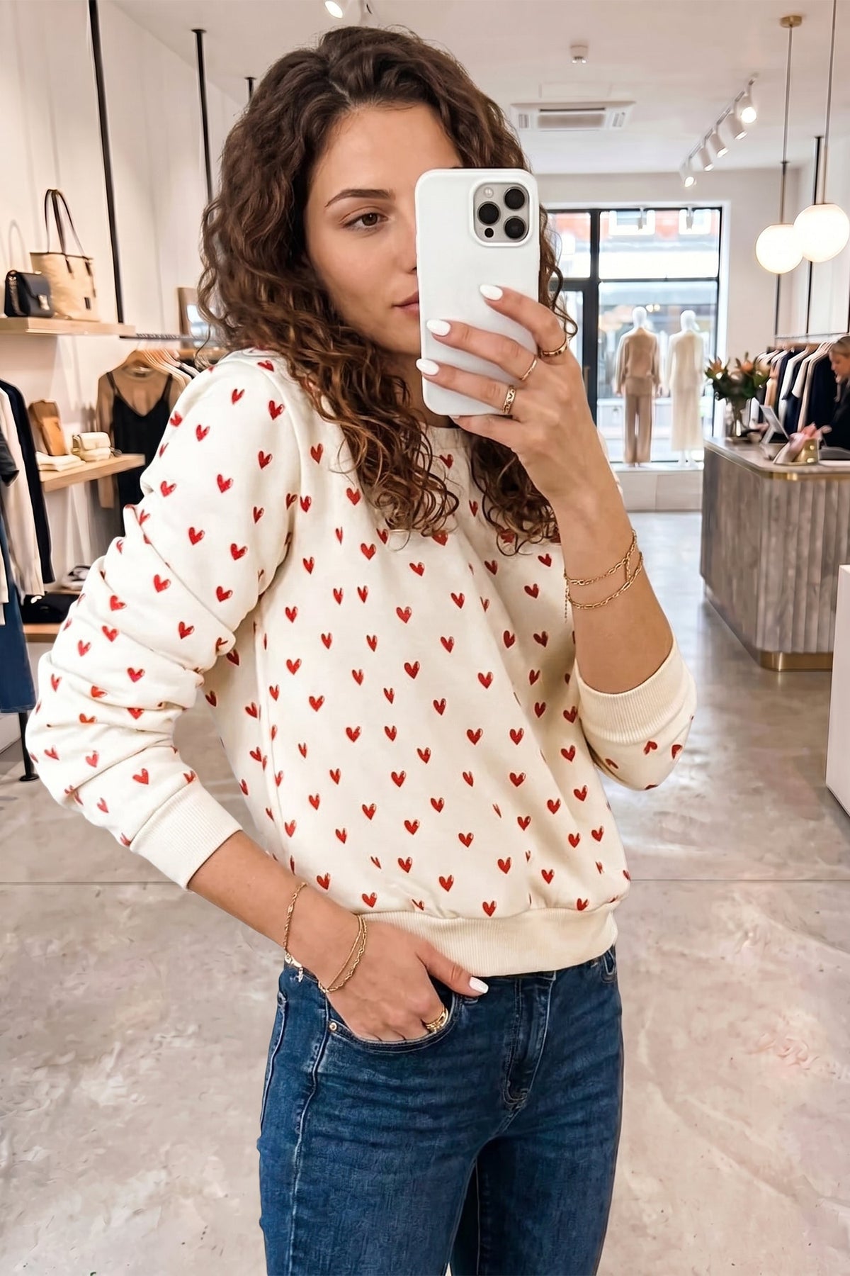 Beige Heart Print Round Neck Long Sleeve Regular Fit Sweatshirt