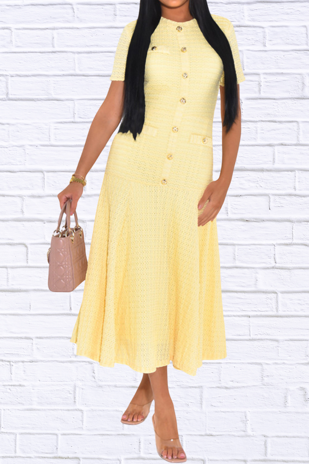 Textured Knit Short Sleeve Dress Yellow