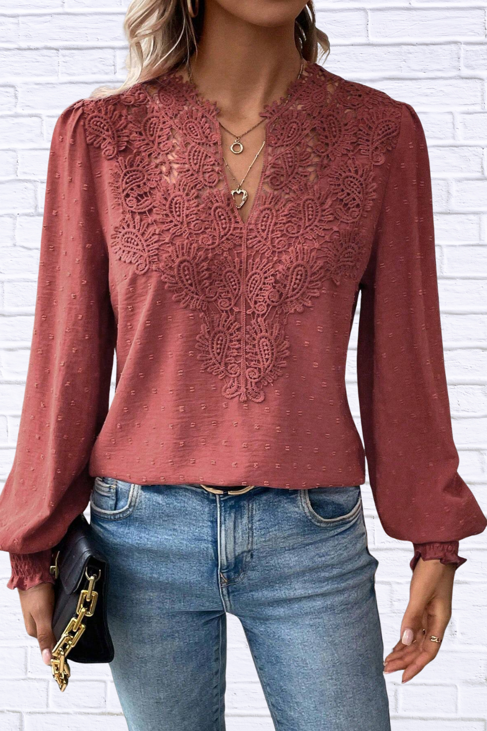 Swiss Dot Lace Detail Long Sleeve Blouse Rust