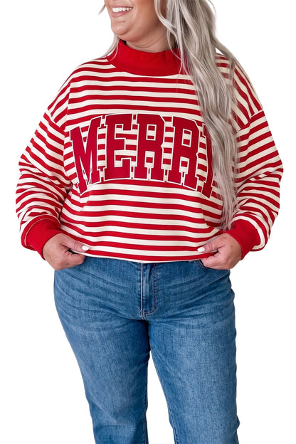 Red Stripe Plus Size MERRY Festive Letter Embroidery Patched Graphic Pullover Sweatshirt