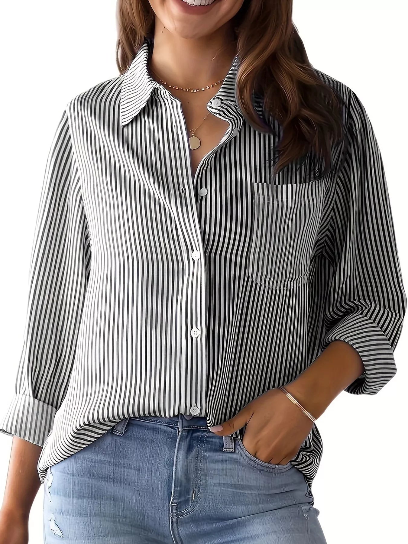 Full Size Striped Button-Down Long Sleeve Shirt Plus Size