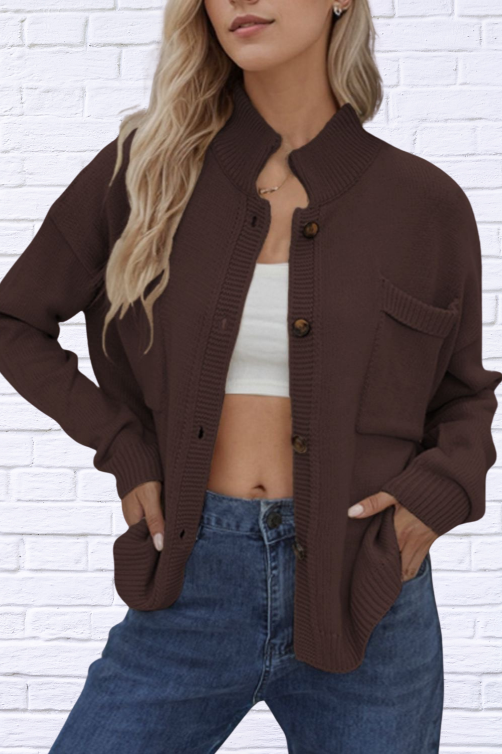 Button Up Long Sleeve Cardigan Coffee Brown XL