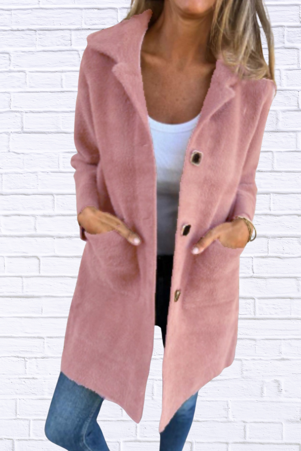 Full Size Button-Down Long Sleeve Longline Coat Plus Size Pink