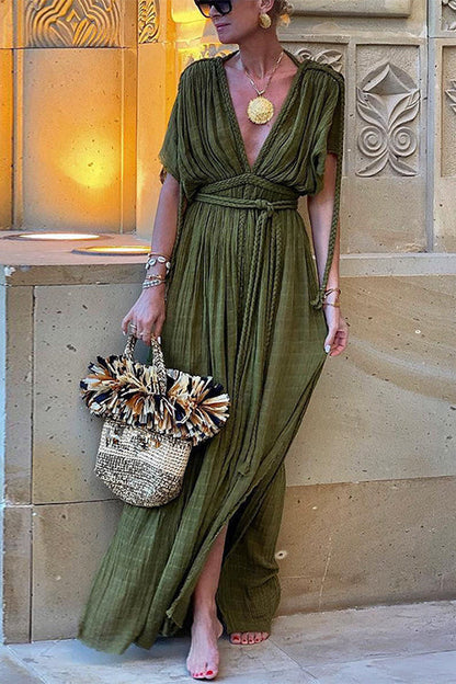 Deep V Neck Tie Waist Side Slit Maxi Vacation Dress