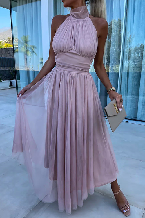 Halter Backless Waisted Tulle Maxi Dress