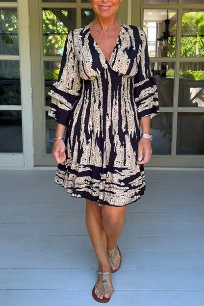 V Neck Ruffle Sleeves Smocked Waist Printed A-line Dress Black