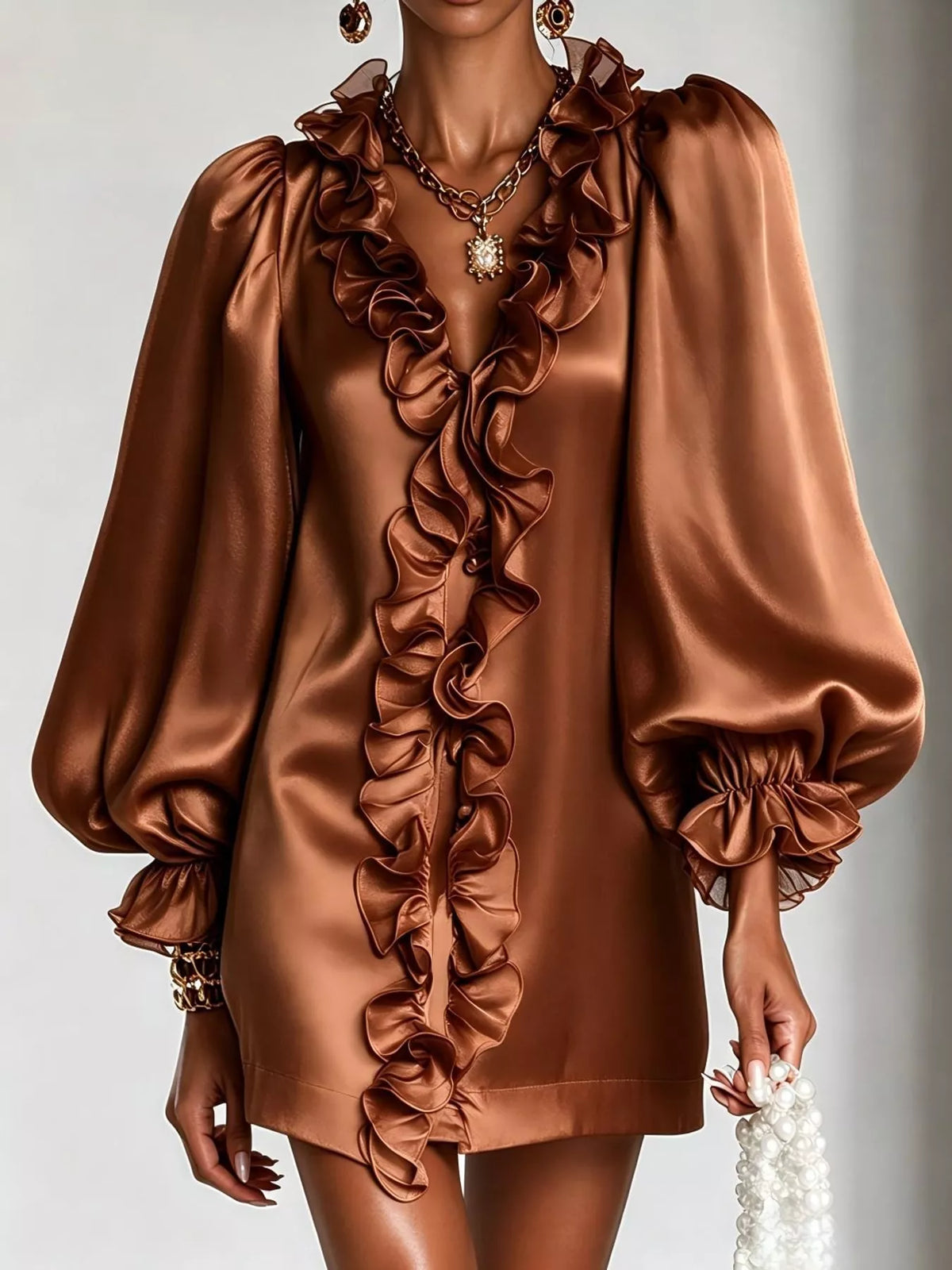 Ruffle Trim Puff Sleeve Mini Dress