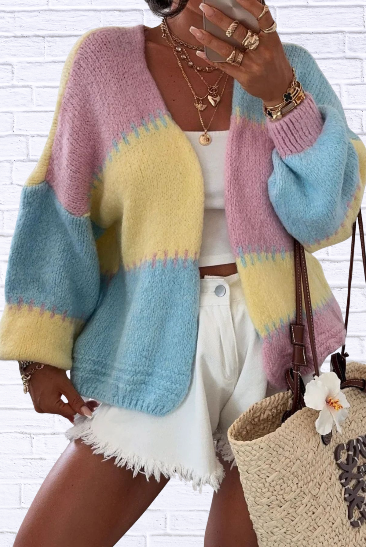 Color Block Open Front Cardigan Pink One Size