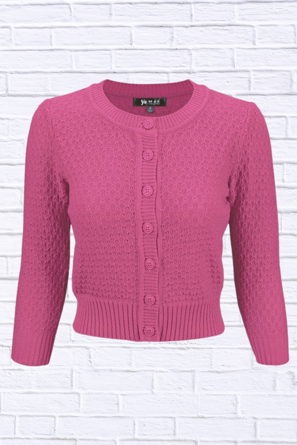 3/4 Sleeve Cute Pattern Cropped Cardigan Sweater Magenta