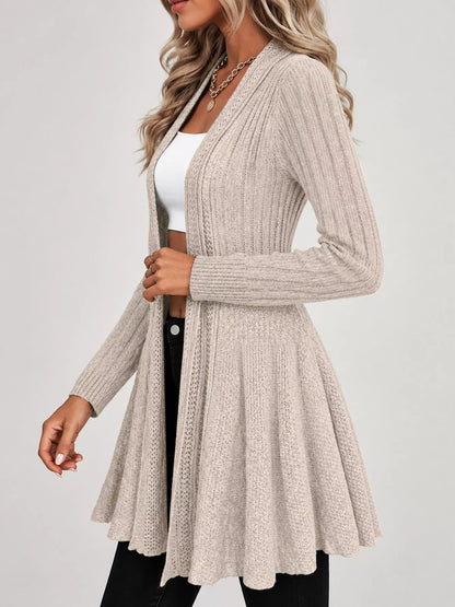 Elegant Ribbed Knit Open Front Flared Cardigan