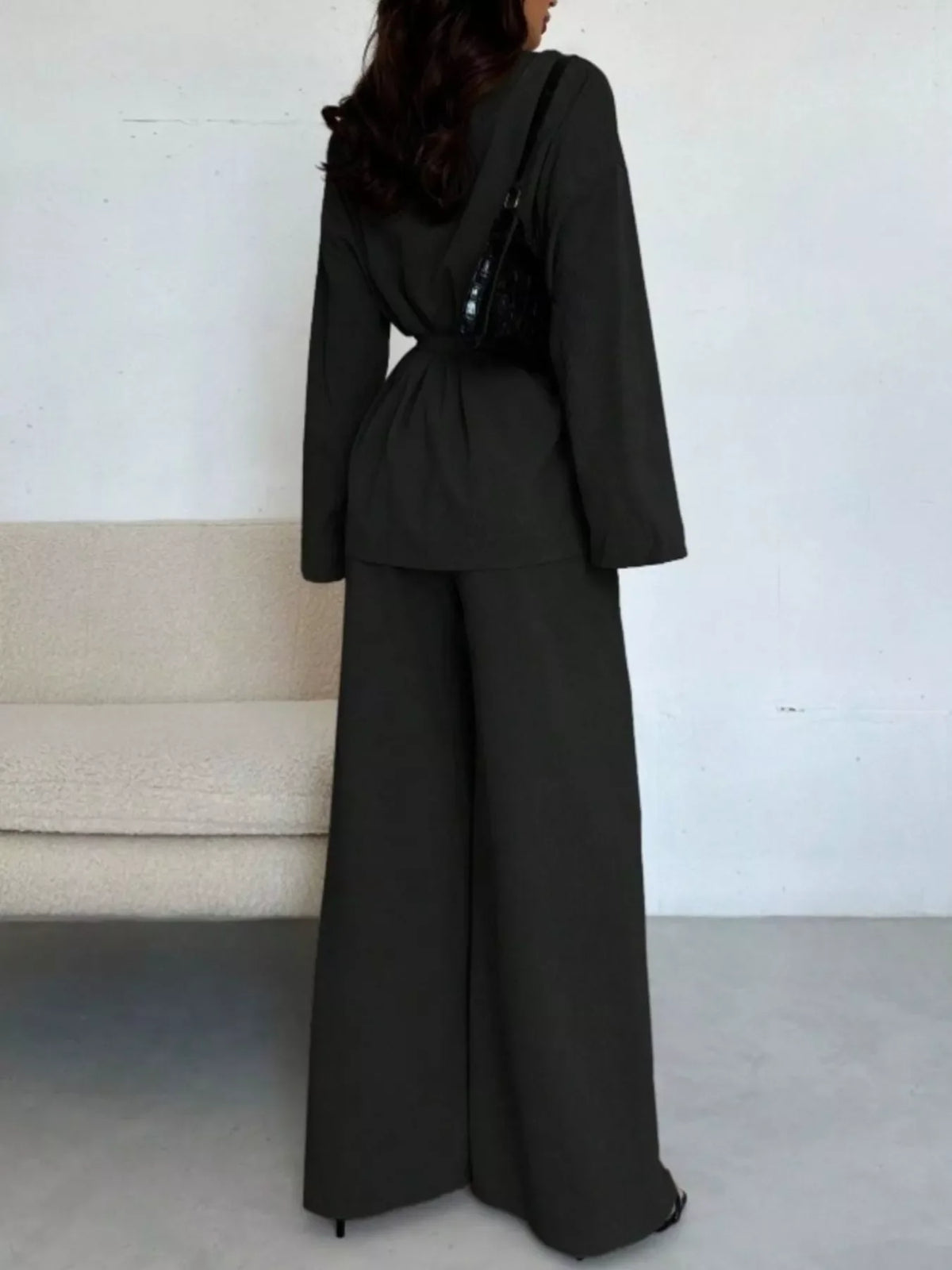 Textured Tie Waist Top and Wide-Leg Pants Set
