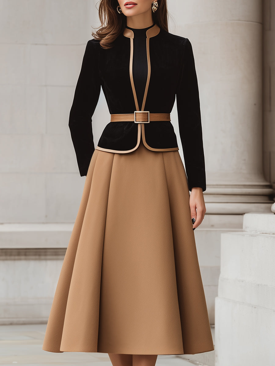 Two-Tone Trim Blazer And A-Line Midi Skirt Set Camel