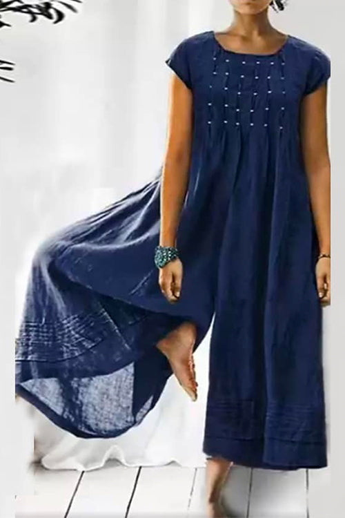 Ruched Short Sleeve Wide Leg Baggy Jumpsuit Blue
