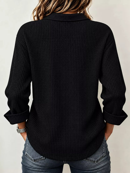 Full Size Waffle Knit Long Sleeve Polo Top Plus Size
