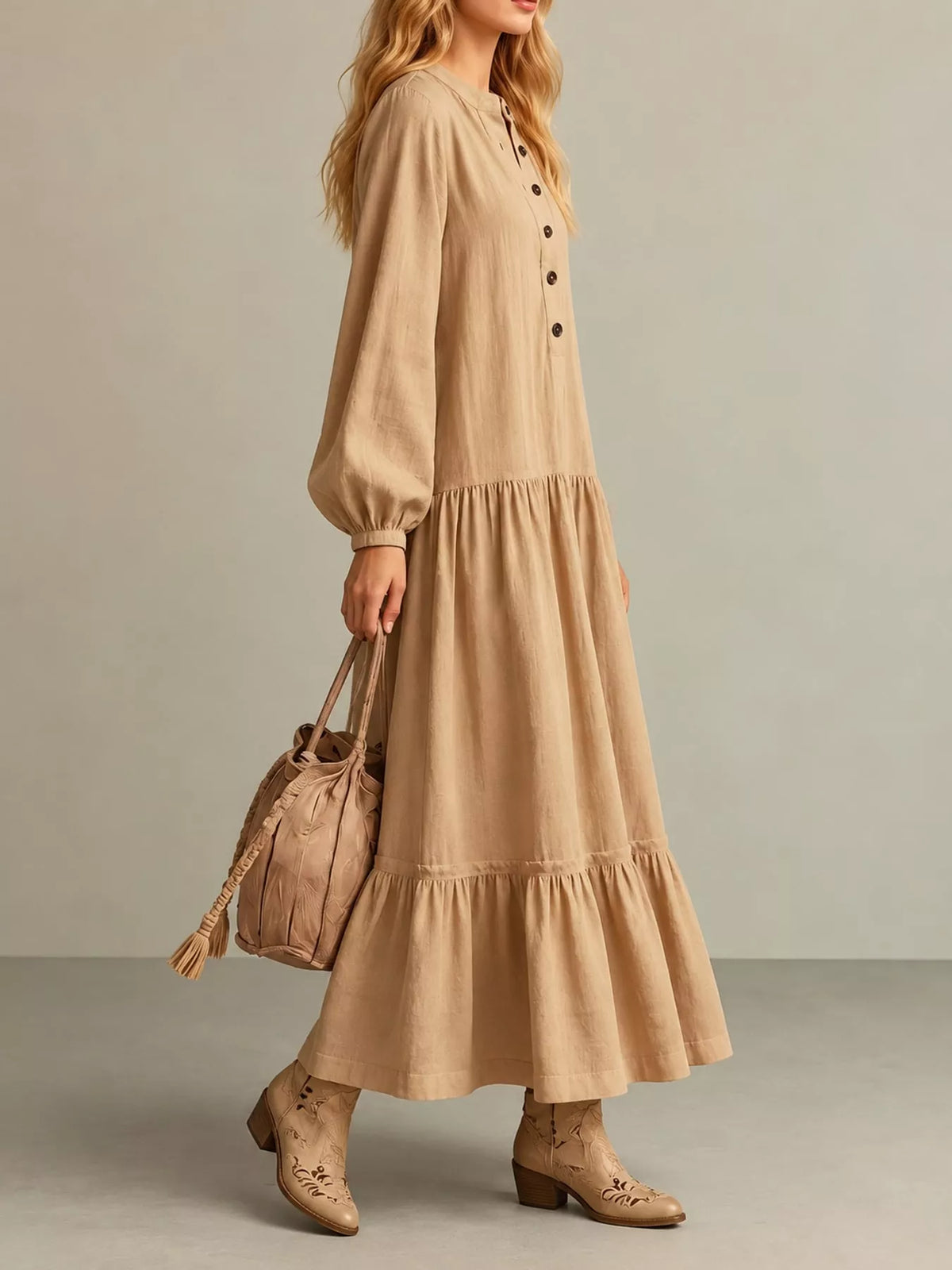 Button Front Tiered Maxi Dress