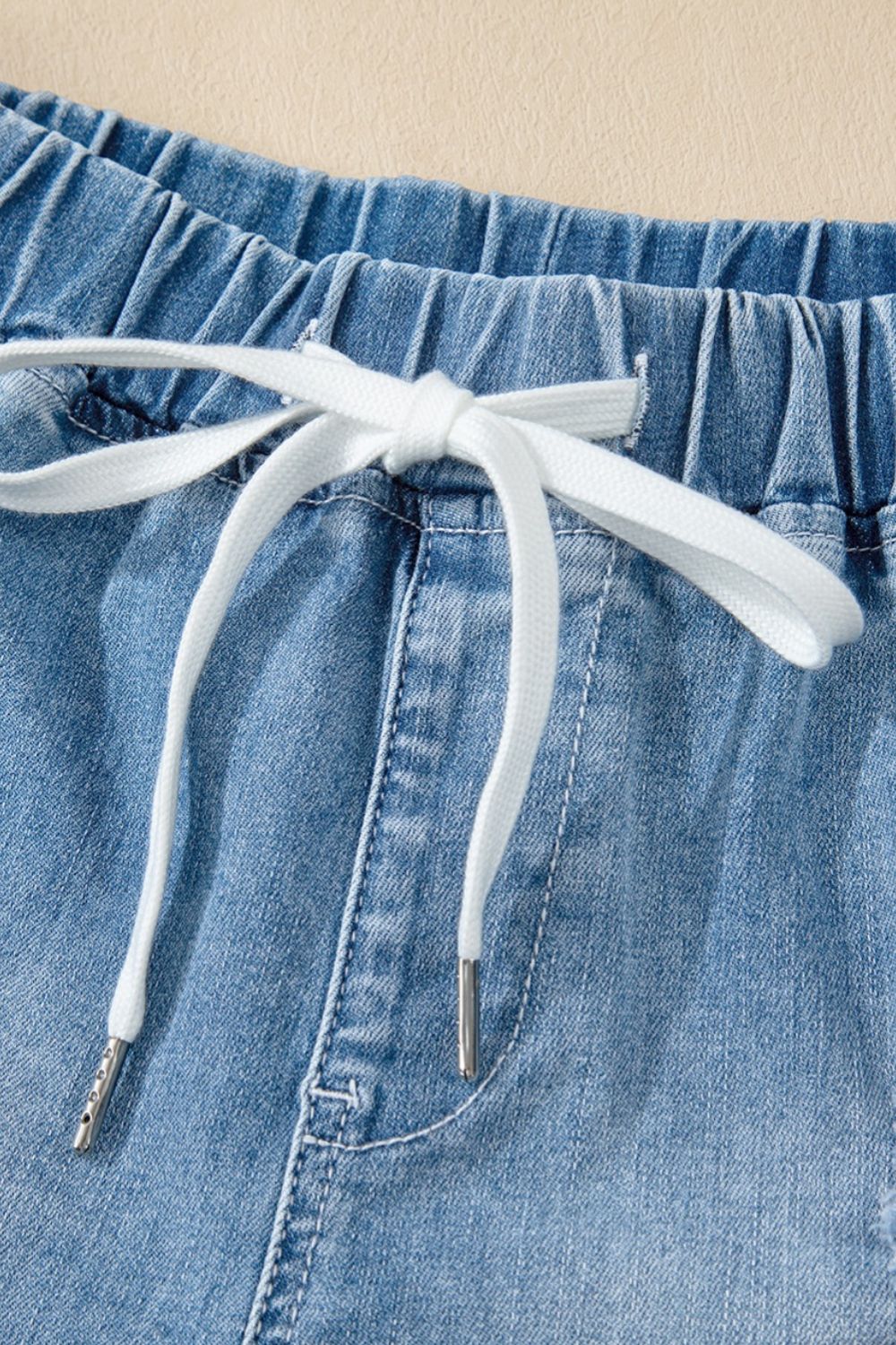 Drawstring High Waist Distressed Denim Shorts