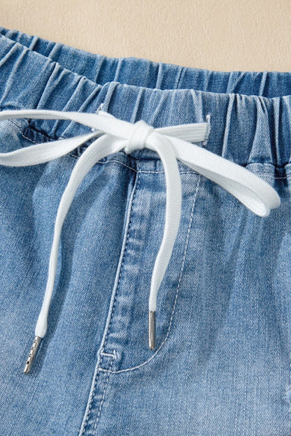 Drawstring High Waist Distressed Denim Shorts