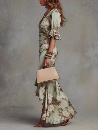 Floral Ruched High-Low Midi Dress